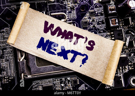 Hand schreiben Bildunterschrift inspiration Übersicht Was ist die nächste Frage. Das Konzept für die nächste Zukunft planen Vision Fortschritte Ziel Leitlinien zur St geschrieben Stockfoto