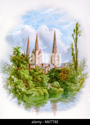 Ein 10x8 Zoll color Platte der Kathedrale von Lichfield durch A. Wilde Parsons (1854-1931) in hoher Auflösung aus einem Buch 1888 veröffentlicht gescannt. Stockfoto