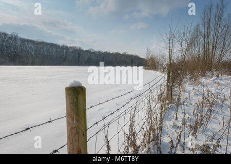 Winter bringt Schneefall in den ländlichen Lincolnshire Landschaft in der Nähe von Bourne. Während der kalten front Beast genannt aus dem Osten genommen Stockfoto