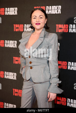 Jaime Winstone die Teilnahme an der "Tomb Raider" Europäischen Premiere auf der Vue West End in Leicester Square, London statt. Stockfoto