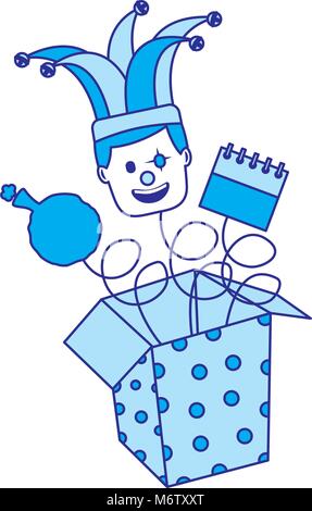 Fools Day Jack in der Box mit Maske clown Kalender und Kissen Vektor-illustration blaues Bild Stock Vektor