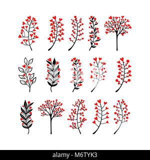 Vektor-florale Elemente im Doodle-Stil - Blüten und Blätter. Sommerblumen für Grußkarten, Hochzeit Designs oder Einladungen. Stock Vektor