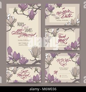 Satz von fünf ursprünglichen attraktive Hochzeit Karten auf magnolia flower Farbe Skizze und Pinsel Kalligraphie basiert. Stock Vektor