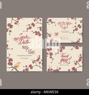 Satz von drei Original attraktive Hochzeit Karten auf dem Blühen pflaume Zweig Skizze und Pinsel Kalligraphie basiert. Stock Vektor