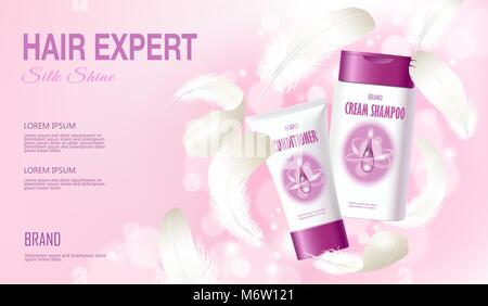 Realistische Haar Shampoo Conditioner. Tube container Kosmetische hellen Hintergrund blau sonniger Frühling weiße Feder. 3d Vorlage mock up Branding kosmetische Pflege Produkt Vector Illustration Stock Vektor