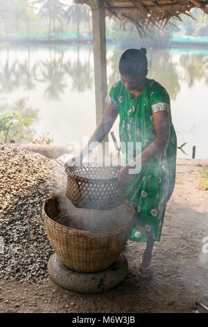 Indische Frau, die kochendes Wasser von Muscheln im Kumbalangi Village, Cochin, Kochi, Indien anstreut Stockfoto