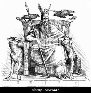 Der nordische Gott Odin mit seinen beiden Wölfen Geri und Freki und seinen beiden Raben Huginn und Muninn, mit seinem Speer Gungnir. Illustration aus dem Handbuch der Mythologie, veröffentlicht 1874. Stockfoto