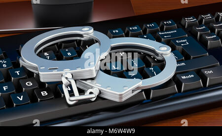 Computer Tastatur mit Handschellen. 3D-Rendering Stockfoto