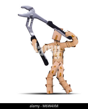 Box Charakter workman Holding eine große ein Paar tool Zange öffnen. Arbeit und Werkzeug isoliert Konzept Kunstwerk auf einen weißen Hintergrund mit Kopie Raum Stockfoto