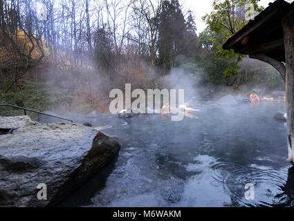 Das Riverside Yamamizuki Rotenburo (Outdoor Thermalbad) in Kurokawa Onsen in Kyushu, Japan. Stockfoto