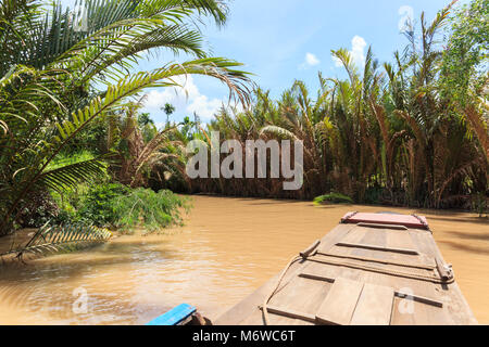 Bootfahren auf einen schmutzigen Fluss Mekong Delta, Vietnam Stockfoto