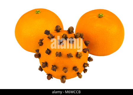 Reifen Mandarinen mit Nelken isoliert auf Weiss. Stockfoto