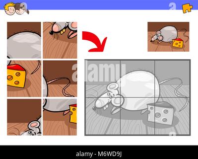 Cartoon Illustration der Pädagogischen Puzzle Aktivität Spiel für Kinder mit lustigen Maus oder Ratte Tier Charakter mit Käse Stock Vektor