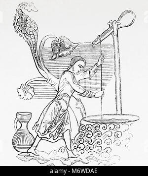 Die Wasser aus einem Brunnen mit einer geladenen Hebel im Mittelalter. Aus Old England: eine bildliche Museum, veröffentlicht 1847. Stockfoto