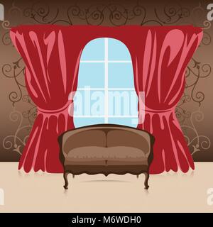 Interieur, Sofa im Zimmer an der Wand, Vorhänge und Fenster, Vector Illustration Stock Vektor