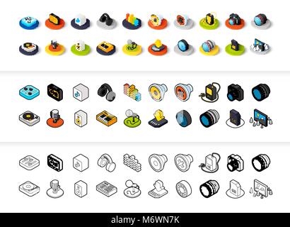 Set von Icons in verschiedenen Stil - isometrische flach und Otline, farbige und schwarze Versionen Stock Vektor
