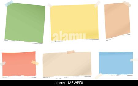 Stücke zerrissen bunte Leerer Hinweis, notebook Papier für Text mit Klebeband geklebt auf weißem Hintergrund. Stock Vektor