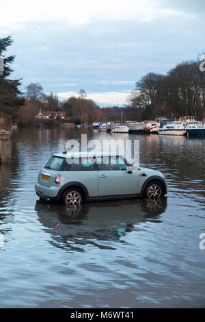 Kraftfahrer/Mini Auto fahrer schneidet sie in der schnell steigenden Wasser als Spring Tide auf der Themse droht ihr Auto Flut zu überwältigen und zu. (95) Stockfoto