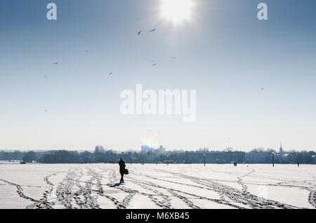 Eine Frau Umfragen die verschneite Landschaft in der Blackheath in Greenwich und Lewisham London boroughs unter einem klaren blauen und sonnigen Himmel, England. Stockfoto