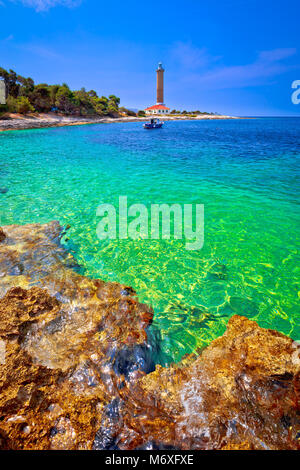 Leuchtturm Veli Rat und Türkis Strandblick, Insel Dugi Otok, Dalmatien, Kroatien Stockfoto