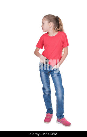 Porträt eines jungen Mädchens seitlich auf der Suche mit einer Pistole hinter ihren Gürtel auf weißem Hintergrund Stockfoto