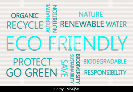 Umweltfreundlich. Wort Wolke Konzept auf hellen Hintergrund mit grünen Buchstaben Stockfoto