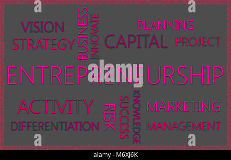 Unternehmertum. Wort Wolke Konzept auf dunklem Hintergrund mit rosa und Magenta Buchstaben Stockfoto