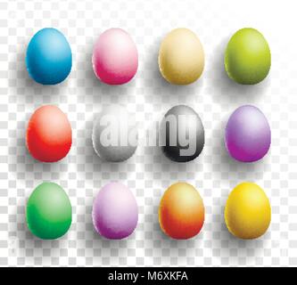 Frohe Ostern bunte Eier mit Schatten auf transparentem Hintergrund gesetzt. Vector Illustration für Frühlingsfest mit Ostereiersuche Element. Stock Vektor