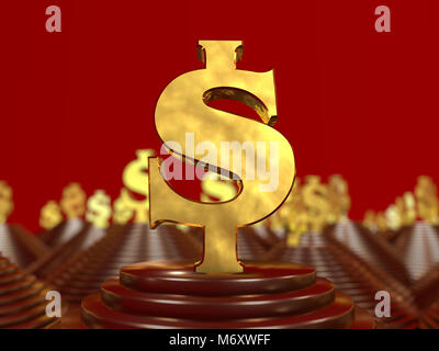 Golden Dollar Symbol auf der Pyramide und einem roten Hintergrund. 3D-Darstellung Stockfoto