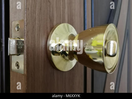 Hölzerne Tür aus Nussbaum mit schönen Konturen und Inlays aus Ebenholz und Glas, und der Griff des gelben Metalls in ein schönes Licht Stockfoto