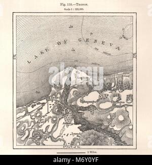 Thonon & Umgebung. Haute-Savoie. Genfer See. Kartenskizze 1885 alte antike Stockfoto