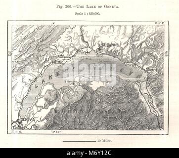 Den Genfer See. Die Schweiz. Kartenskizze 1885 alte antike plan plan Stockfoto