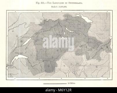 Die Sprachen der Schweiz. Französisch, Deutsch, Rätoromanisch Italienisch. Kartenskizze 1885 Stockfoto