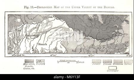Geologische Karte des oberen Tal der Donau. Österreich. Kartenskizze 1885 Stockfoto