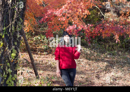 Junge weibliche vor der schönen Bäume im Herbst, wenn die Blätter rot, orange und gelb Stockfoto