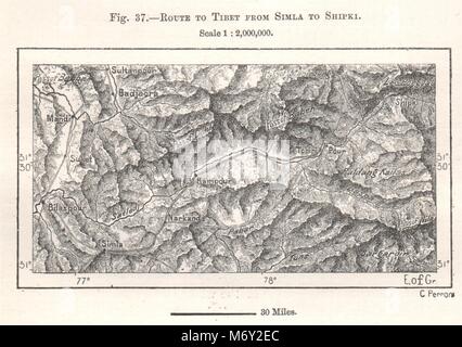 Route zu Tibet von Shimla zu Shipki. Indien. Kartenskizze 1885 alte antike Stockfoto
