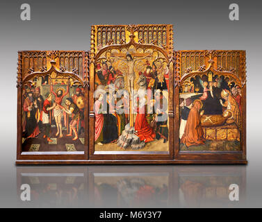 Gotischen katalanischen Altarbild von, von Links nach Rechts, dem Martydom von St. Bartholomäus, Calvaty und die DEAT der Hl. Maria Magdelene, von Jaume Huguet, Barcelona cir Stockfoto