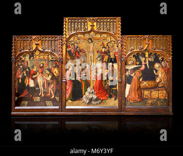 Gotischen katalanischen Altarbild von, von Links nach Rechts, dem Martydom von St. Bartholomäus, Calvaty und die DEAT der Hl. Maria Magdelene, von Jaume Huguet, Barcelona cir Stockfoto