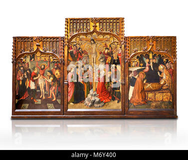 Gotischen katalanischen Altarbild von, von Links nach Rechts, dem Martydom von St. Bartholomäus, Calvaty und die DEAT der Hl. Maria Magdelene, von Jaume Huguet, Barcelona cir Stockfoto