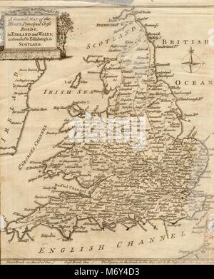 "Die direkte und die wichtigsten Strassen in England und Wales'. KITCHIN 1767 alte Karte Stockfoto