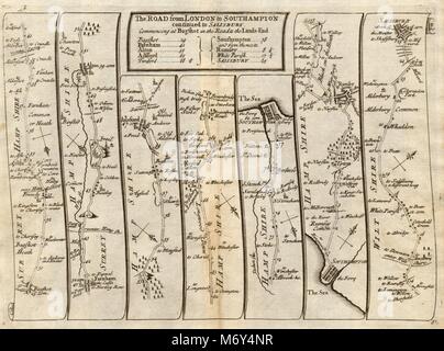 Bagshot Farnham Twyford Romsey Southampton Salisbury SENEX #51 Road Map 1719 Stockfoto