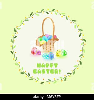 Ostern bemalte Eier und Weidenkorb in grüne Blätter frame Stock Vektor