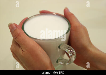 Zwei Hände, die eine Tasse warme Milch serviert in einem durchsichtigen Glas Schale Stockfoto