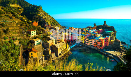 Vernazza Dorf, Antenne Panoramablick. Der Nationalpark der Cinque Terre, Ligurien Italien Europa. Stockfoto
