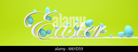 Ostern Text mit Pastellfarben Eier auf grünem Hintergrund 3d Illustration Stockfoto