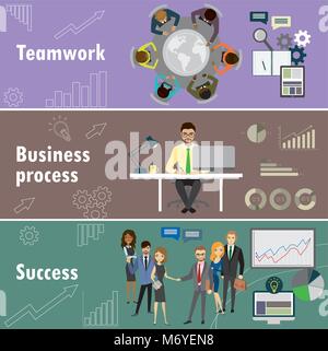 Flache Banner mit Teamarbeit, Business Process und Erfolg, cartoon Vektor Abbildung Stock Vektor