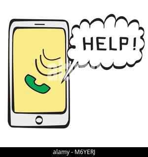 Smart phone Skizze mit Bildunterschrift: 'Hilfe!', Kundendienst oder Business Workflow. doodle Vector Illustration Stock Vektor