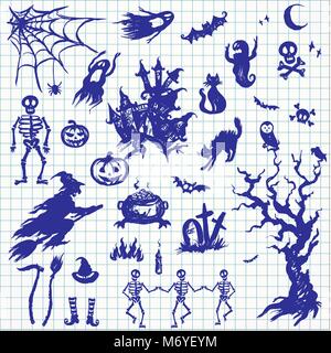 Happy Halloween Designs mit verschiedenen Elementen der Feiertag fest. Auf dem Notebook blatt Stil gezeichnet. Vektor illustration Stock Vektor