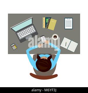 Büroarbeitsplatz. Business woman Arbeiten mit Laptop und Dokumente auf Tabelle, Ansicht von oben. Flaches Design Cartoon Stil. Vektor illustration Stock Vektor