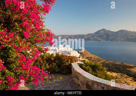 Blick über weiße Altstadt Plaka und Milos Bucht mit bunten Bougainvillea, Plaka, Milos, Kykladen, Ägäis, Griechische Inseln; Griechenland; Europa Stockfoto